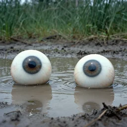 movie still by tarkovsky of big eyeballs floating on a mud pond, swamp backround, cinestill 8 0 0 t 3 5 mm b & w, heavy grain, high quality, noir, natural textures, photorealistic, ambient occlusion, hd, ultra wide lens, anamorphic