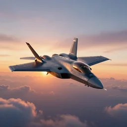 a photo of a cyberpunk fighter jet flying through the sky at sunset. many clouds, volumetric lighting, realistic, detailed, beautiful colors.