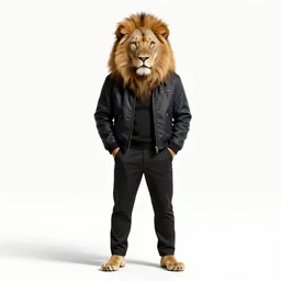 a lion with the face of jason statham in full height, hands in pockets, standing on a white background in a jacket with an important face, realism, detailed study, maximum detail, quality, high quality, soft light, depth of field, focus, realism, 8 k quality, classicism style,