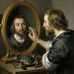 blue crab man touching mirror. painting by jan van eyck
