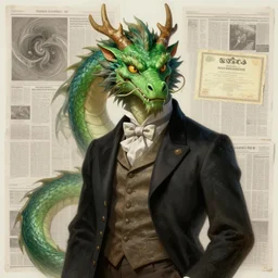 anthropomorphic art of a businessman dragon, green dragon, portrait, regency inspired clothing by artgerm, victo ngai, ryohei hase, artstation. fractal papers, newspaper. stock certificate, highly detailed digital painting, smooth, global illumination, fantasy art, jc leyendecker