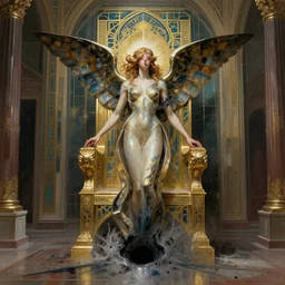 terrible abstract seraph emerging from black hole in art deco byzantine throne room, photorealistic concept art by greg rutkowski and anato finnstark and rembrandt