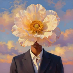 closeup, giant flower under head, black woman in suit, surreal photography, golden hour, colorful clouds, impressionist painting, digital painting, artstation, simon stalenhag
