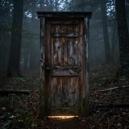 an old wooden door with light coming from underneath stands in a dense forest in the middle of the night, fog, realistic