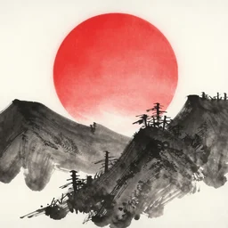 japanese ink painting, red sun, black mountains, highly detailed, ukiyo - e