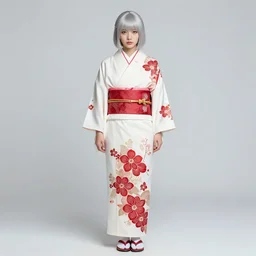 beautiful girl, silver hair, white kimono with complex red flower patterns, (full body,) looking to camera, showing her shoulder from back, ilustration by ((Takehiko Inoue)) ((and Krenz Cushart))
