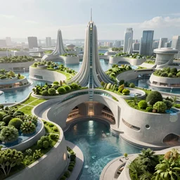 scifi futuristic architecture, smart city, sustainable, ecology, green, parametric, concrete, water, cinematic, realistic, redshift render, 8 k, global illumination, uhd, unreal engine 5 ray tracing
