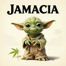 vintage travel advertisement for jamaica, of yoda made out of cannabis