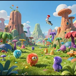 vhs footage of a colorful alien world, with absurd looking mountains and terrain, green grass, and colorful fuzzy creatures roaming and flying in it, and lots of weird alien plants, dr seuss inspired