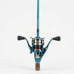 turquoise fishing rod, photorealistic, isolated on a pure white background, centered, entire object in frame, sharp focus, soft studio lighting
