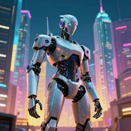 cyberpunk robot in front of a colourful city with big skyscrapers, photo realistic