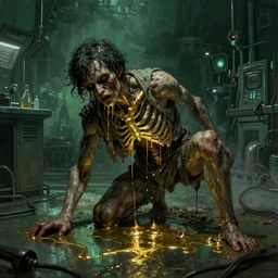 dark green sci-fi lab at night, gustave coubert painting  hideous and sick human dressed in rags crawling in two legs dripping golden metalic fluid from ribcage to a puddle of golden liquid on the floor. Smokey atmosphere