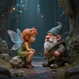 tiny fairy talking to a small rock gnome in a dark ally in a sci - fi fantasy city, dnd, futuristic, beautiful, soft light, ultra detailed, matte painting, unreal engine, 4 k