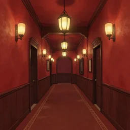 old hotel hallway interor, red walls, diffused lights from lanterns, life is strange style drawing, digital art,