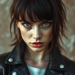 a photograph of a young woman in leather jacket, 9 0 s rebellious punk, fierce expression, dof, sharp focus, highly detailed face, symmetric face, realistic iris, cinestill 8 0 0 t, photography by paolo roversi