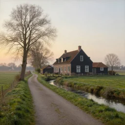 serene dutch rural countryside farmhouse, path along a stream, and well and stable early morning sunrise in spring, low angle, oil painting, intricate, deep colour masterpiece, atmospheric lighting, ultra detailed by rembrandt van rijn, aert de gelder, esaias van de velde.