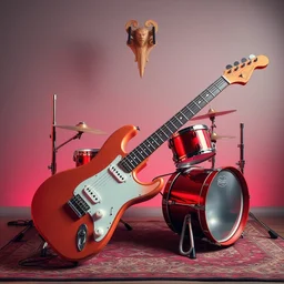 photo of an electric guitar crossbreed with a futurisctic drumset