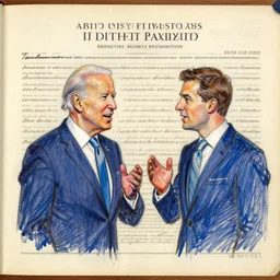 art brut drawing of joe biden talking to his son hunter biden, found scribbled on the us consitution