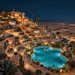 habitat 6 7, terraced architecture cyberfunk in the dessert, many plants and infinite pool, night view, cinematic