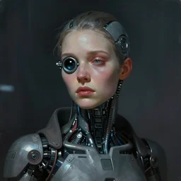 a portrait of a female cyborg by by alexandre cabanel, very sad and reluctant expression, wearing a ocular, scifi, digital painting, cyberpunk, bladerunner, artstation, concept art, smooth, octane render