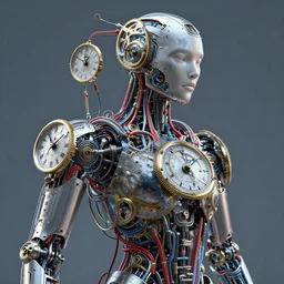 a coherent futuristic cyborg made of wires mechanical clock rings, photorealism, artstation volumetric lighting