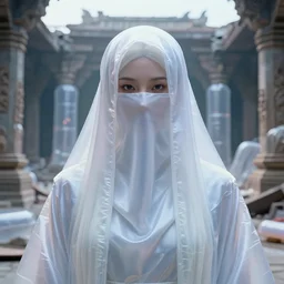 portrait of kang seul - gi, white long hair, burka, cyberpunk, in a ruined temple, symetrrical facial. ruan jia, weldon casey, giger. cinematic. smooth gradients, transparent inflatable structures. trending on artstation.