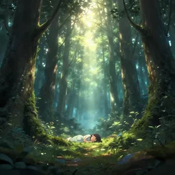 magical forest, girl sleeping in a distance, full of light, animated film, cinematography, atmosphere, highly detailed heavenly dramatic lighting, highly realistic cinematic lighting, volumetric lighting, photography, anime style, cinema, epic high dynamic lighting, hdr