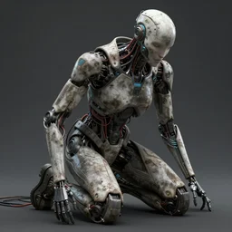A cyborg on its knees, humanoid head, futuristic, cyberpunk, cables, wires, photorealistic, highly detailed, gritty texture, trending in Artstation, Craig Mullins