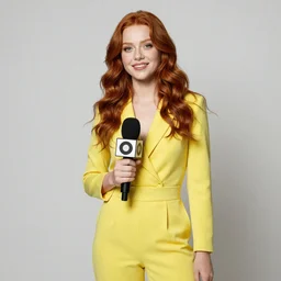 Beautiful redhead girl wearing attreactive yellow jumpsuit holding a news reporter microphone, realistic photo
