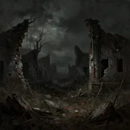 a ruined and desolete landscape, painting, digital art, harsh lighting, dark, scary, grotesque