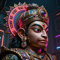 high quality photo neo - rococo cyberpunk hanuman! head building, neon madhubani, highly detailed, in sci - fi mumbai, cinematic smooth, lee madgwick & liam wong, moody light, low angle, uhd 8 k, sharp focus