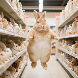 funny fat bunnies jumping on shelfs in the mall.
