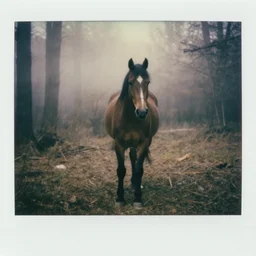 medium shot, an evil horse is walking, woods, horror, fog, polaroid photo, vintage, neutral colors, by gregory crewdson,