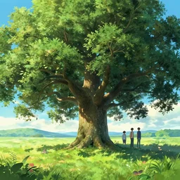 A landscape with a giant oak tree in the summer morning, Low level, rendered by Beeple, Makoto Shinkai, syd meade, simon stålenhag, environment concept, synthwave style, digital art, unreal engine, WLOP, trending on artstation, 4K UHD image, octane render,
