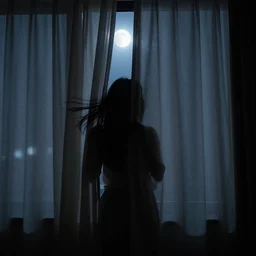 silhouette of someone hiding in the curtains in my bedroom in the moonlight and when the wind blows i can briefly see whatever it is, dramatic lighting