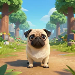 a cute pug in ark survival evolved, ark survival evolved, 8 k, raw, unreal engine 5, octane render, greg rutkowski, artstation, wlop, unedited, symmetrical balance, wide angle, video game screenshot,