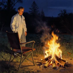a chair burning in a campfire, its night and in the background there is a scientist watching, norman rockwell artwork