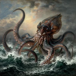 giant kraken with huge tentacles entangled with frigate in the waves of a stormy ocean, by jmw turner