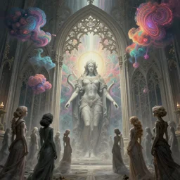 [ palate ] [ nebulous energy ] [ muted colors ] soul spirits congregating in front of an intricate giant gothic gateway, deity spirit at the gate, vibrant neon nebulous clouds, paisley pattern synapse clouds, symmetrical details, hyper realistic illustration, radiant light rays, photorealistic illustration, intricate and fine details, volumetric lighting, artstation