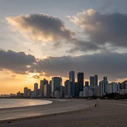 a large city, clouds, sun set, near the beach by mc escher, colorized by...