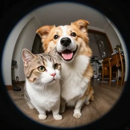 a dog with a cute cat, fish eye, 4k