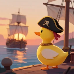 a duck wearing a pirate hat looking at the sunset from a pirate ship, digital art, artstation