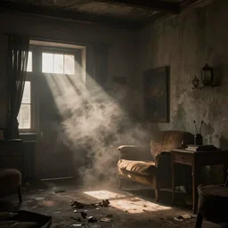 random dramatic beautiful melancholy, octane render, dramatic fog in old sad room