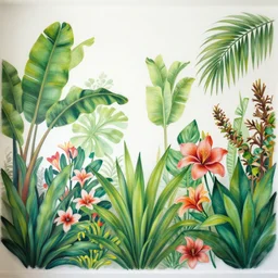 wall painting of tropical plants and flowers over white background by lisa frank, behance, airbrush art, digital painting