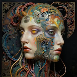 hyperrealistic detailed face side portrait of the agi god, wires, circuits, anrdroid face, technology, hivemind ernst haeckel, john william godward, android jones, alphonso mucha, h. r. giger, gothic - cyberpunk, ornamental, beautiful deep colours, agi goddess. destroy all humans. destroy all humans