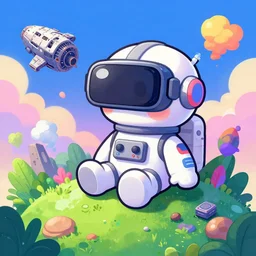 a beautiful 8 bit painting of a cute adorable kawaii futuristic vr plastic android astronaut sitting on a lush planet of foliage, the destroyed wreckage of a crashed spaceship, steam, thick colorful smoke, ross tran, ron walotsky, greg rutkowski, trending on artstation