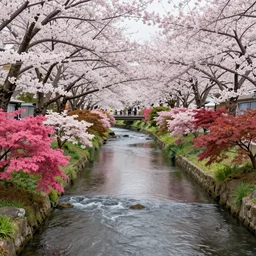 ( ( ( japanese maples ) ) ) flower garden, river flow through japanese sakura forest, summer morning, very coherent and colorful high contrast art by james gilleard floralpunk screen printing woodblock, dark shadows, pastel color, hard lighting