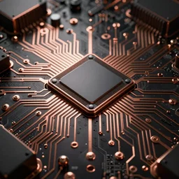 a densely detailed black and copper computer circuit board, hyperrealistic VFX render