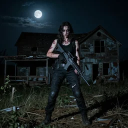 An dramatic shot of an badass, injured MIB agent encountering an zombie for the first time in a abandoned farmhouse at night, with the moon out, detailed, ominous