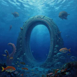 intergalactic stargate portal in the middle of a deep ocean, with strange sea creatures swimming around it and a school of fish in the foreground by thomas kinkaid